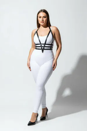 Black vegan leather V-strap body harness on model