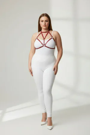 Red faux leather body harness with O-ring detail and adjustable straps