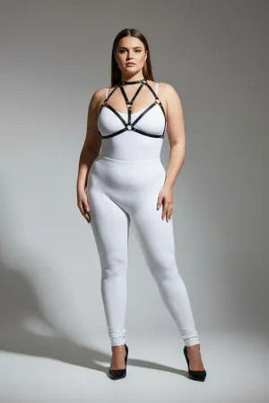 Black faux leather strappy body harness with O-ring detail