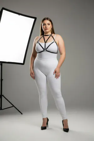 Black faux leather strappy body harness with O-ring detail