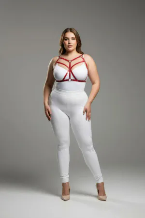 Red faux leather strappy body harness on a plus-size model