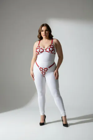 Red Faux Leather Cage Harness Bra and Panty Set with Silver O-Rings Worn on Plus Size Model