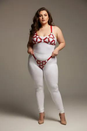 Red Faux Leather Cage Harness Bra and Panty Set with Silver O-Rings Worn on Plus Size Model