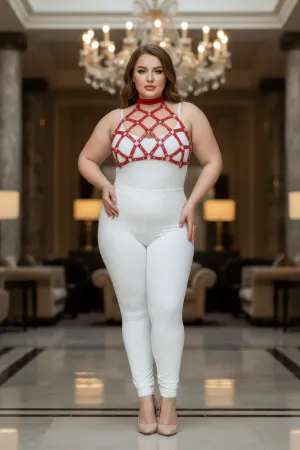 Red geometric cage halter harness with nail details worn by a plus-size model