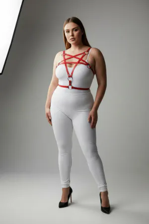 Red vegan leather starburst body harness with silver O-rings
