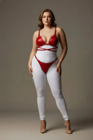 Red Faux Leather Bra Harness Set Studded Detail Plus Size