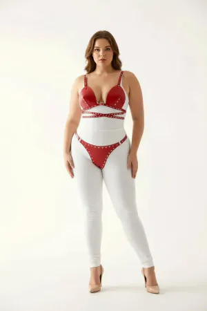 Red Faux Leather Bra Harness Set Studded Detail Plus Size