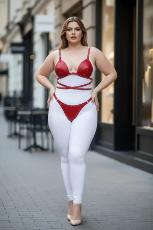 Red Faux Leather Bra Harness Set Studded Detail Plus Size
