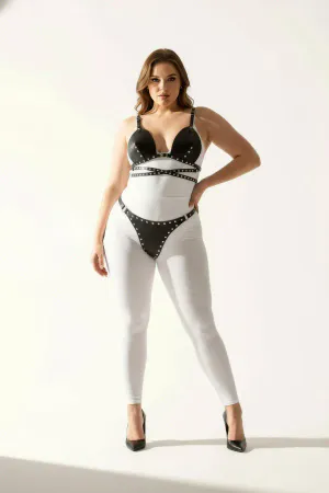 Black Studded Faux Leather Bra Top Thong Harness Set Adjustable Straps