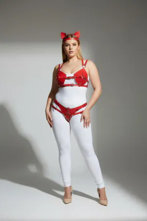 Red Vegan Leather Harness Set Bra Crotch Cat Ears Accessory Front View