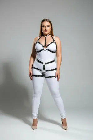 Black Faux Leather Full Body Harness with Choker and Leg Garters for Women