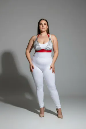 Red Faux Leather Chain Chest Harness Plus Size Model