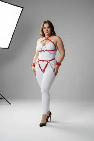 Red Faux Leather Full Body Harness O-Ring Waist Chain