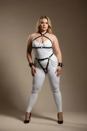 Black Faux Leather Full Body Harness Set with Choker and Cuffs