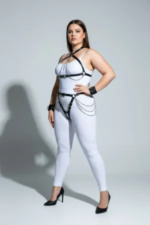 Black Faux Leather Full Body Harness Set with Choker and Cuffs