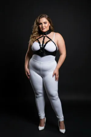 Black faux leather body harness with high collar and adjustable straps, worn by a plus-size model.