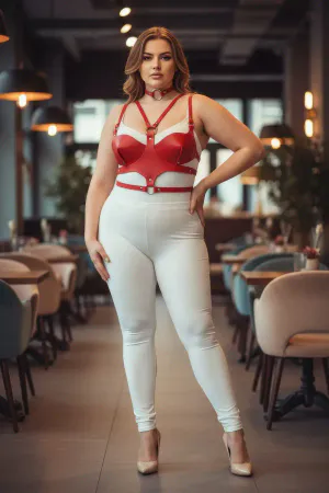Red Faux Leather Chest Harness with Molded Cups and Choker on a plus-size model