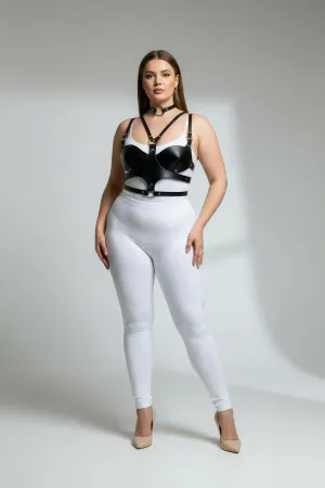 Black faux leather chest harness with choker set, worn by a plus-size model.