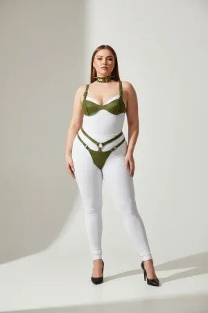 Olive Vegan Leather Bra Harness Set with Choker and Garter Straps