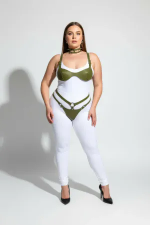 Olive Vegan Leather Bra Harness Set with Choker and Garter Straps