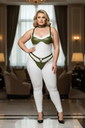 Olive Vegan Leather Bra Harness Set with Choker and Garter Straps