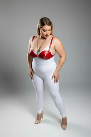 Red faux leather body harness with chain detail worn by a plus-size model