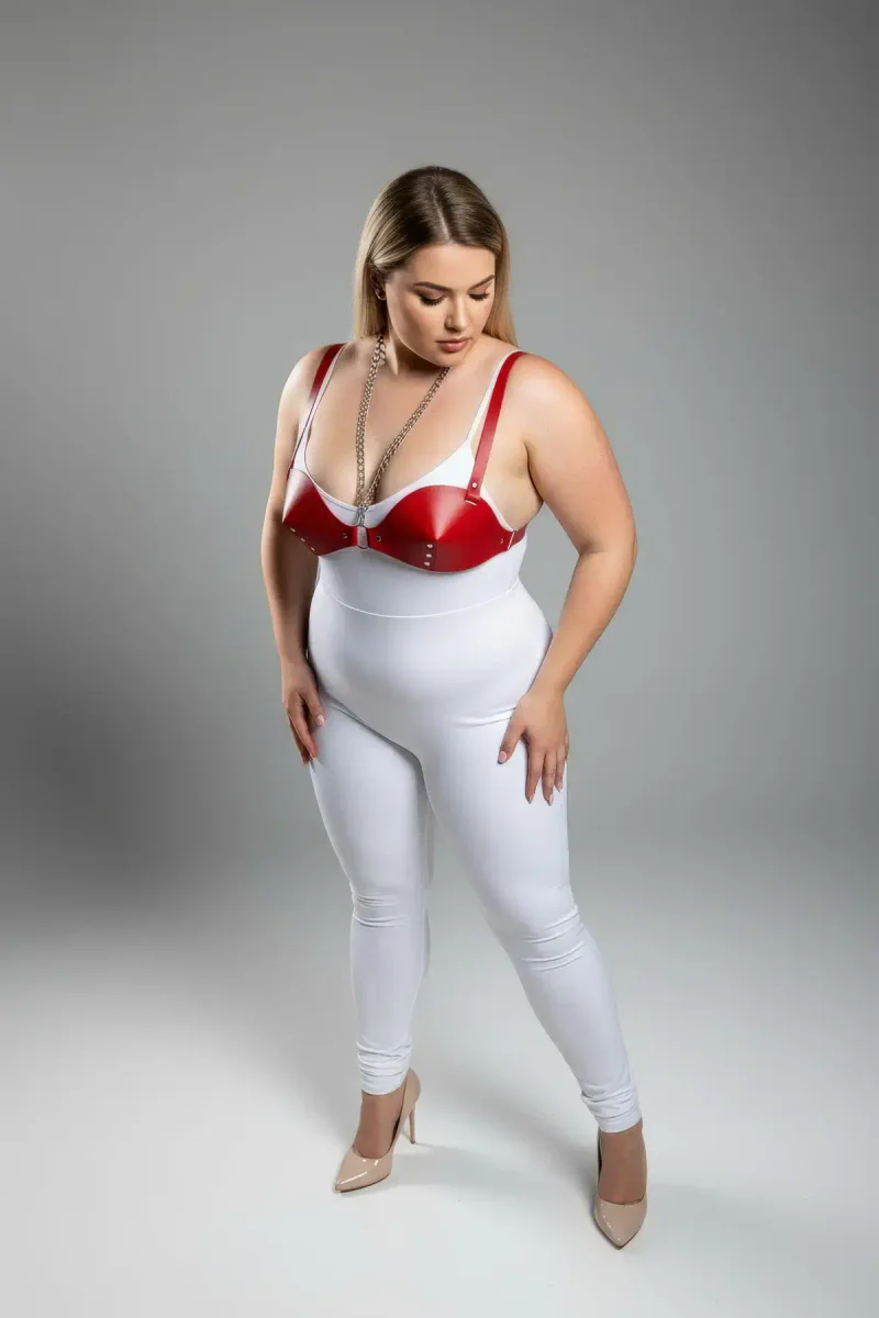 Red faux leather bra harness with chain detail on model