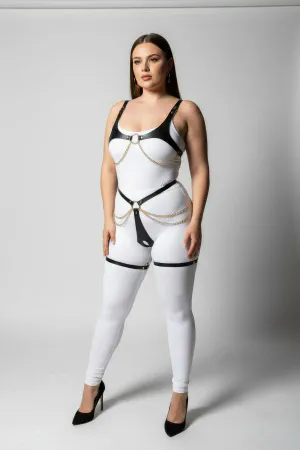 Black Faux Leather Body Harness with Gold Chains and O-Rings worn on model