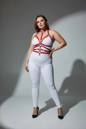 Red faux leather full body harness with adjustable straps and O-ring details