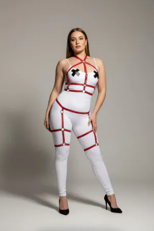 Red Faux Leather Body Harness with Leg Garters worn by a model.