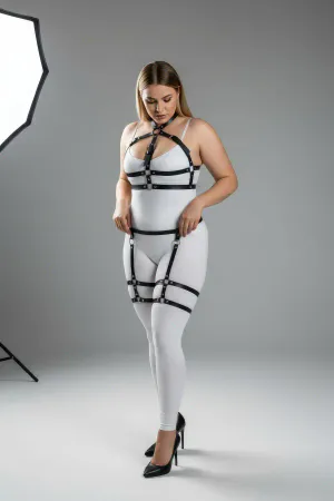 Black faux leather full body harness with garter straps and silver O-rings