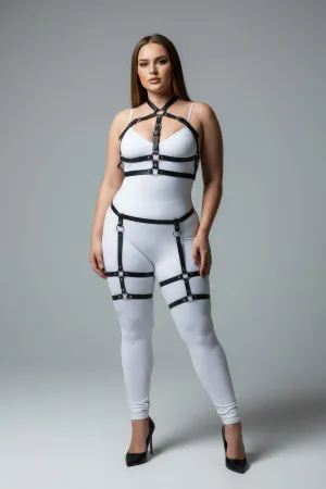 Black faux leather full body harness with garter straps and silver O-rings