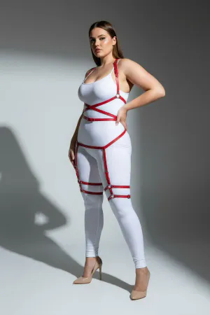 Red faux leather strappy full body harness with adjustable straps