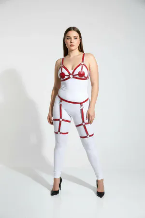 Red Faux Leather Body Harness with Garters and O-Ring Detail on Model
