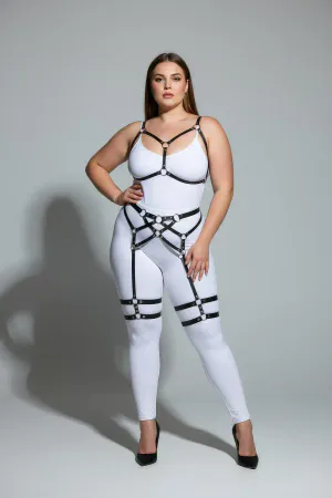 Black vegan leather full body harness with adjustable garter straps