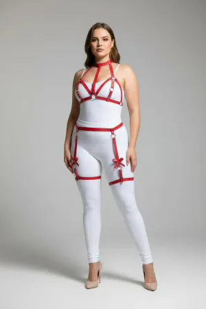 Red Faux Leather Garter Harness with Bow Detail and Adjustable Straps