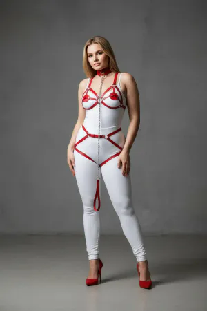 Red Faux Leather Full Body Harness with Detachable Chain and Garter Straps