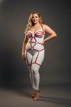 Red Full Body Caged Harness Plus Size with Silver O-Rings and Thigh Straps