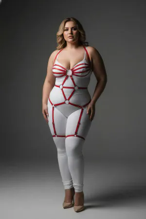 Red Full Body Caged Harness Plus Size with Silver O-Rings and Thigh Straps