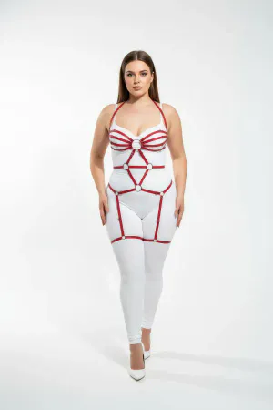 Red Full Body Caged Harness Plus Size with Silver O-Rings and Thigh Straps