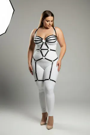 Black Faux Leather Full Body Harness for Women with O-Rings and Adjustable Leg Straps on Plus Size Model