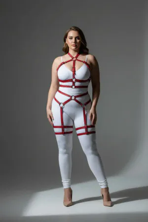 Red Faux Leather Full Body Harness with O-Ring Details on Plus Size Woman
