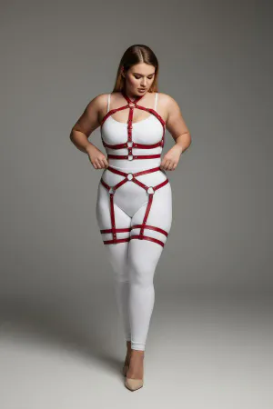 Red Faux Leather Full Body Harness with O-Ring Details on Plus Size Woman