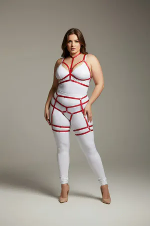 Red Faux Leather Full Body Harness for Women with Strappy Leg Garters Adjustable Fit