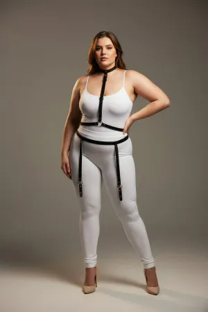 Black Faux Leather Full Body Harness with Choker and Detachable Leg Garter Straps, Plus Size Model