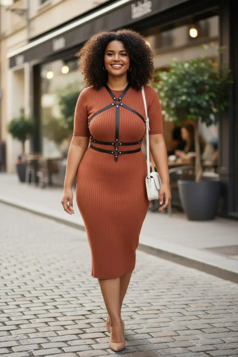 Black Caged Faux Leather Body Harness worn over an orange dress