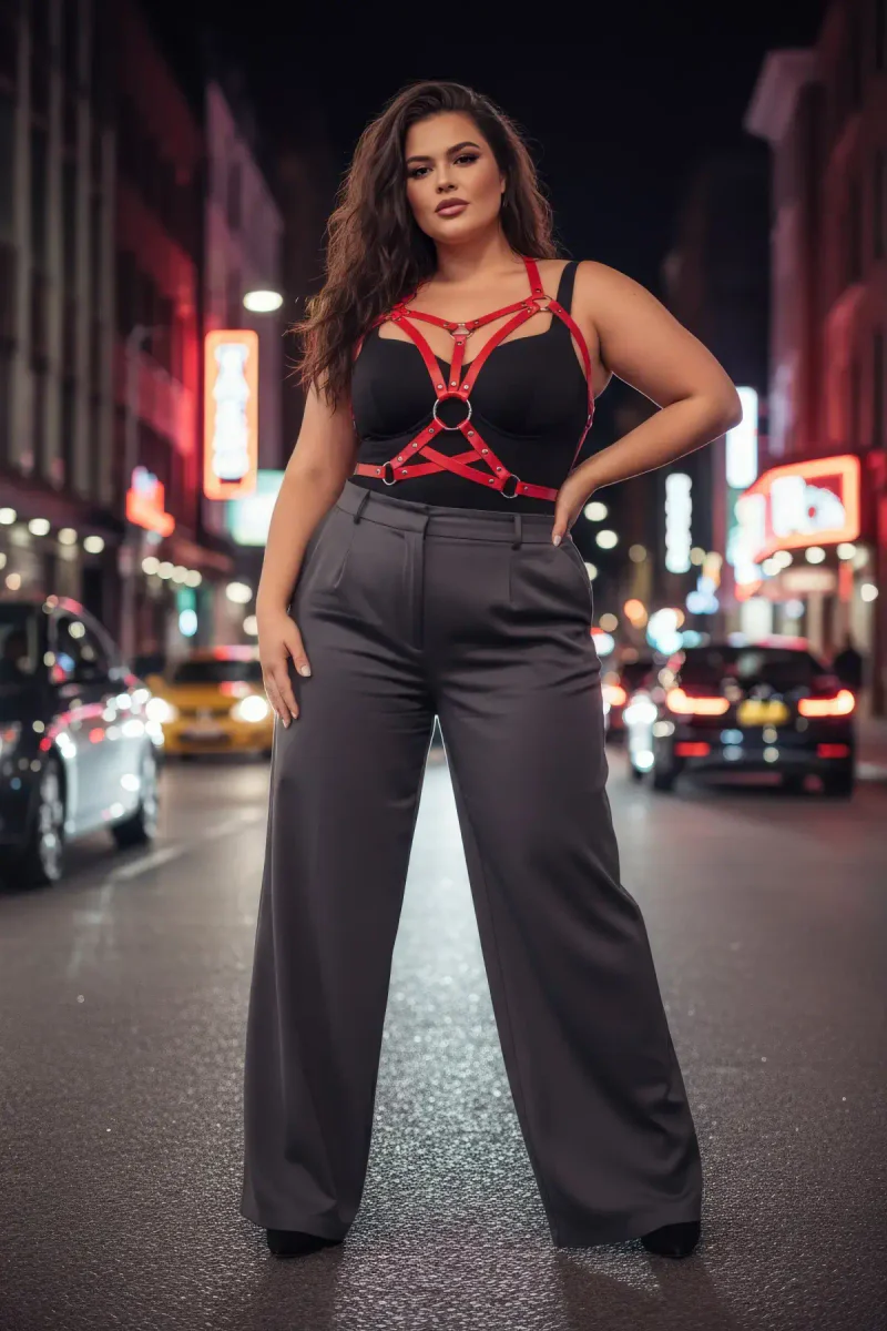 Red Vegan Leather Caged Harness with O