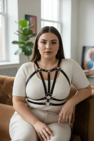 Black Faux Leather Caged Chest Harness for Women Adjustable Straps