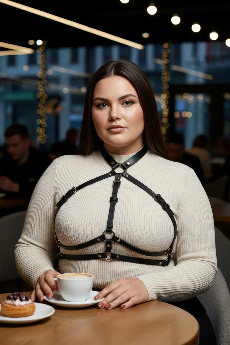 Black strappy harness on model