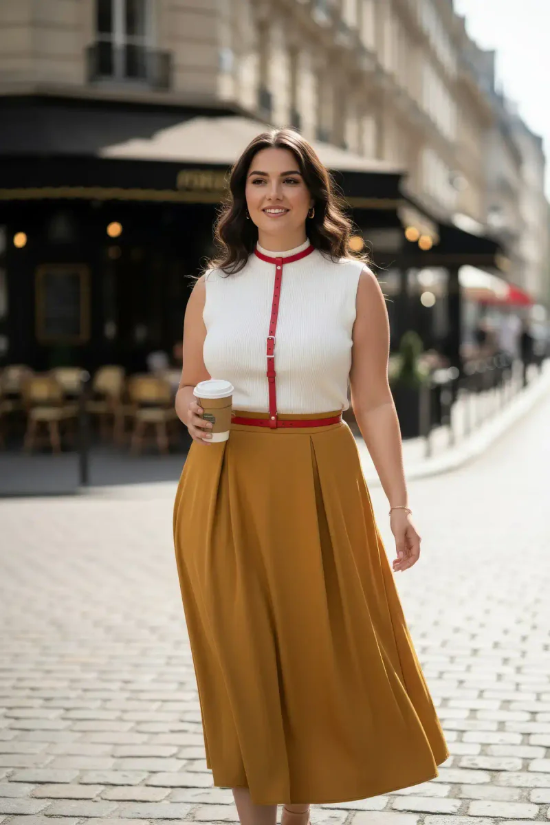 Red Faux Leather High-Neck Overbust Harness Belt for Women layered over a white top and yellow skirt